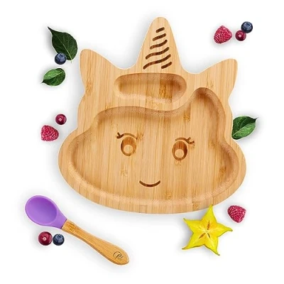 Abbildung von Kleiner Fuchs Hochwertiges Bambus Teller mit Saugnapf, Rutschfestem Saugnapf passendem Baby Löffel Macht Mahlzeiten Spaß, Geschirr Set Geschenkbox Essenlernen Einhorn Design