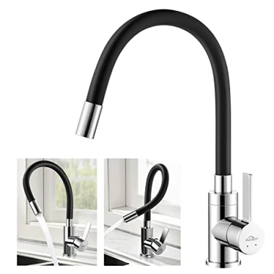 Abbildung von Wasserhahn Küche Schwarz, Auralum Küchenamatur mit Flexibler Auslauf, Hochdruck Armatur 360 Drehbar, Mischbatterie Wasserspar Aerator