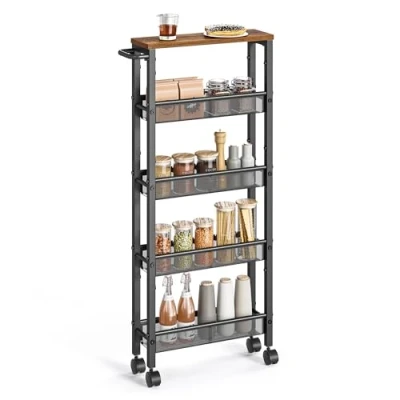 Abbildung von VASAGLE Rollwagen 5 Ebenen, Küchenwagen schmal, Nischenregal auf Rollen, Stahl, Griff, für kleine Räume, 13 x 45,4 99,6 cm, Küche, Bad, Wohnzimmer, Arbeitszimmer, vintagebraun schwarz LRC034B01
