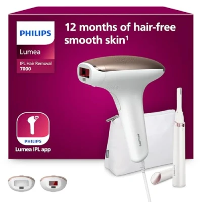Abbildung von Philips Lumea IPL 7000 Series Haarentfernungsgerät Alternative zur Laserhaarentfernung 2 Aufsätze für Körper &amp; Gesicht, inkl. Korrekturtrimmer (BRI921/00)