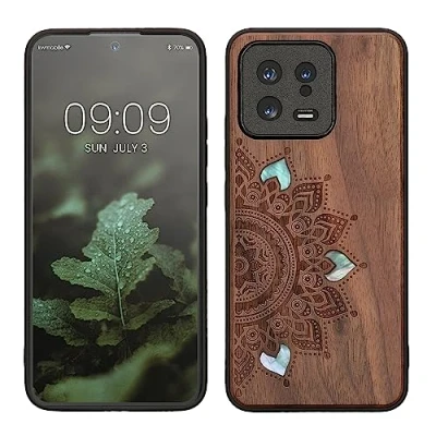 Abbildung von kwmobile Hülle kompatibel mit Xiaomi 13 5G Holz Case Handy Cover TPU Handyhülle in Dunkelbraun Aufgehende Sonne Perlmutt