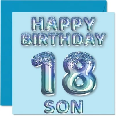 Abbildung von Stuff4 Geburtstagskarte zum 18. Geburtstag für Sohn blaue Glitzer Partyballons Happy Birthday Karten den von Mama Papa Eltern, 145 mm x