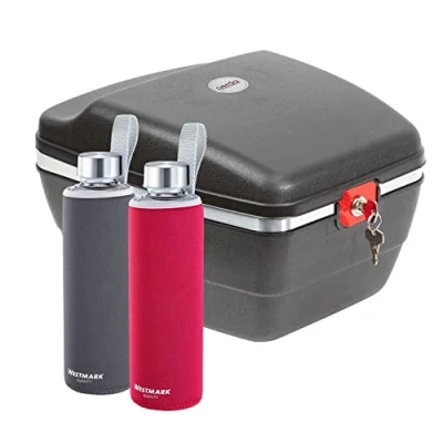 Abbildung von Westmark Fahrrad Set: 1 Radkoffer für alle Gepäckträger + 2 Trinkflaschen je 0,55 Liter, Kunststoff/Glas/Silikon/Kautschuk, Gerda Touring Tresor, Schwarz/Rot/Anthrazit, 5430GEE8