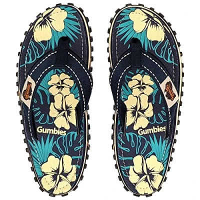 Abbildung von Gumbies Originals Blau Flip Flops aus recycelten Materialien robuste Sohle wiederverwerteten Autoreifen, weiches Fußbett Canvas Baumwolle, bequemer Baumwoll Zehensteg Blue Hibiscus, 38