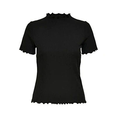 Abbildung von ONLY Damen Geripptes Cropped T Shirt Kurzes Short Sleeve Rundhals Top Stehkragen Gewellt ONLEMMA, Farben:Schwarz, Größe:XS