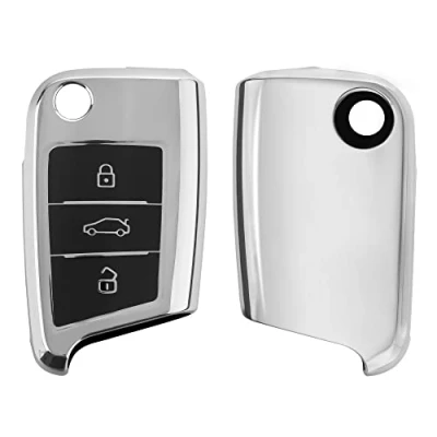 Abbildung von kwmobile Autoschlüssel Hülle kompatibel mit VW Golf 7 MK7 3 Tasten Schlüsselhülle Silikon Cover Hochglanz Silber