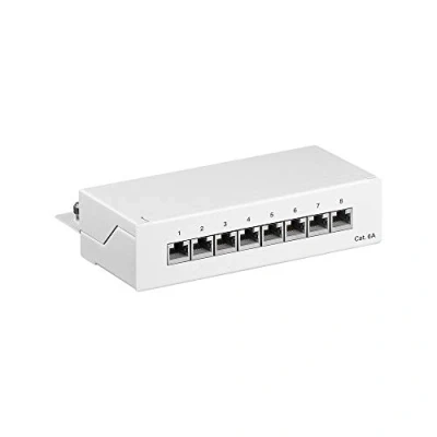 Abbildung von Goobay 62067 CAT 6A Patch Panel 8 Port / RJ45 Buchsen Netzwerkstecker 500 MHz LAN Patchfeld 1 HE Verteilerfeld/Mini Desktop Patchpanel Wandmontage/Weiß