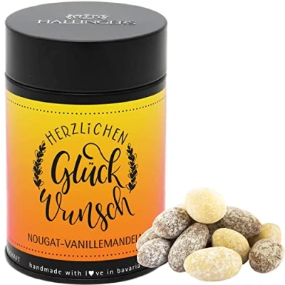 Abbildung von Hallingers Herzlichen Glückwunsch Nougat schokolierte Vanille Mandeln handgemacht (Dose) Adventskalender Neuheiten &amp; befüllen Geburtstag Jahrestag Glückwünsche Neues