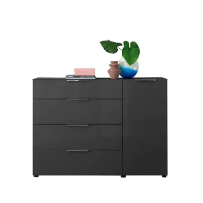 Abbildung von Kommode SANTORIN Anthrazit mit Glasfront, Schrank Korpus in Oberboden Glas viel Stauraum und Schubladen für Ihren Wohnbereich 135 x 99 40 cm (B/H/T)