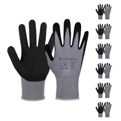 Abbildung von Velway 6 Paar Arbeitshandschuhe Nylon Nitrilbeschichtet Schutzhandschuhe Rutschfeste Bauhandschuhe Leichte Atmungsaktive Gartenhandschuhe EN388 Mechaniker Handschuhe für Männer und Frauen (Größe 10)