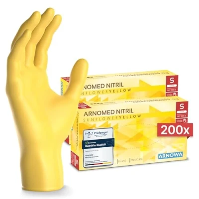 Abbildung von 200x ARNOMED Einweghandschuhe Gelb (2x100 Stück), Einmalhandschuhe M, Nitril Handschuhe Einweg, Nitrilhandschuhe puderfrei, Gummihandschuhe Schutzhandschuhe, in XS, S, L