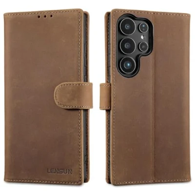 Abbildung von LENSUN Echtleder Handyhülle für Samsung Galaxy S25 Ultra, Hülle [Brieftasche][RFID Schutz][Standfunktion] Lederhülle Handytasche Ultra Vintage Dunkelbraun
