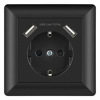 Abbildung von Sasudose USB Steckdose Schwarz System 55 Schuko Unterputz mit Anschluss (Max. 3.4A) Schutzkontakt Wandsteckdose Passent in Standard Unterputzdose für Smartphone MP3