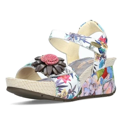 Abbildung von Laura Vita Damen Sandalette Leder mit Blumenmuster und Keilabsatz Barry 36, Größe:38 EU, Farbe:Grau