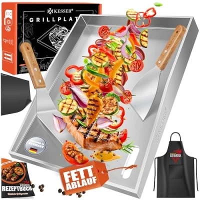 Abbildung von KESSER Grillplatte Plancha aus Edelstahl hitzebeständig bis 800C (inklusive 2 Spatel, Grillschürze &amp; Grillmatte), Grill Platte für Gas Holzkohlegrill mit Fettablauf Anti Stick