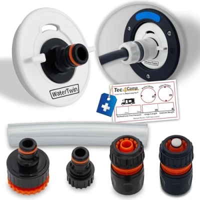 Abbildung von MaJoCompTec® WATERTWIN Tankdeckel mit Wasseranschluss Wassertankdeckel Befülladapter für Wassereinfüllstutzen Wohnmobil Wohnwagen Zubehör (ECO Version + Starter Set, Adapter 3 PIN D:78)