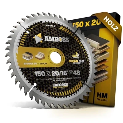 Abbildung von HM Kreissägeblatt 150x20 16 Z48 Wechselzahn für Holz Super Feinschnitt. AMBOSS WERKZEUGE® Sägeblatt 150mm +Reduzierring 20mm. 150x16 komp. zu BOSCH GB 1923. GKS 12 V. 46.PKS 46. PKS 48