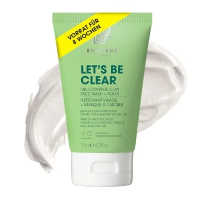 Abbildung von Shakeup 2 in 1 Herren Gesichtsreinigung + Tonmaske, Ölkontrolle, klärend mit vulkanischem Pumstein, Teebaumöl, 2% Salicylsäure, vegane Hautpflege, 125ml