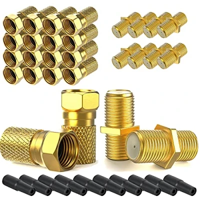 Abbildung von F Stecker 7mm 20x + Verbinder 10x vergoldet Gummitülle Gummidichtung breite Mutter schraubbar Verlängerung für Koaxial Antennenkabel Koax SAT Kabel BK Anlagen Satelliten LNB Montage SET