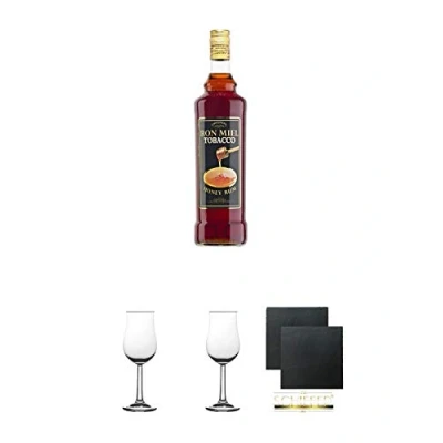 Abbildung von Ron Miel Tobacco Honey Rum 1,0 Liter + 2 Bugatti Nosing Gläser mit Eichstrich 2cl und 4cl Schiefer Glasuntersetzer eckig ca. 9,5 cm Ø