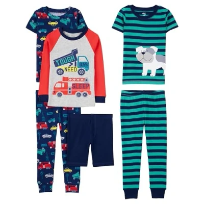 Abbildung von Simple Joys by Carter&#039;s Baby Jungen 6 Piece Snug Fit Cotton Pajama Set Pyjamaset, Mehrfarbig/Autos/Feuerwehrauto/Hund/Streifen, 9 Monate (3er Pack)
