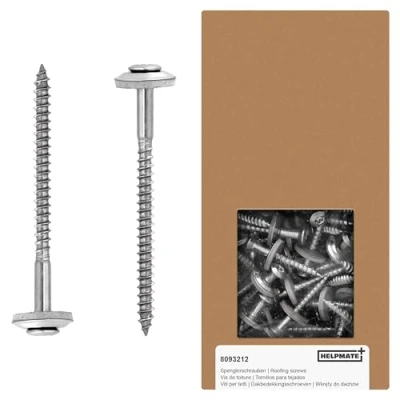 Abbildung von HELPMATE Spenglerschrauben 4,5x65 mm, 150 Stück, DIN 7995, Edelstahl A2, T20, Dachdeckerschrauben, Linsenkopf, mit Tellerscheibe und EPDM Dichtscheibe, Silber, 4,5 x 65 mm