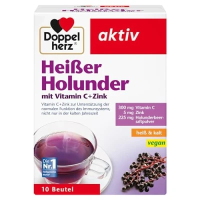 Abbildung von Doppelherz Heißer Holunder Vitamin C und Zink zur Unterstützung der normalen Funktion des Immunsystems heiß kalt vegan 10 Beutel
