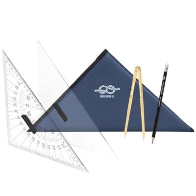 Abbildung von Navigationsbesteck für den Sportbootführerschein SBF See &amp; Binnen Navigationszirkel, Kursdreieck Anlegedreieck (je 33cm), Bleistift und Tasche Navigationsset perfekt unterwegs