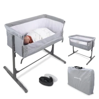 Abbildung von Mobiclinic®Kids, Beistellbett Baby, 2 in 1, Moon, Befestigungsgurte am Bett, 5 stufig verstellbar, Transporttasche, inklusive Räder, Atmungsaktives Netz, Einstellbarer Winkel, Gepolsterte Basis