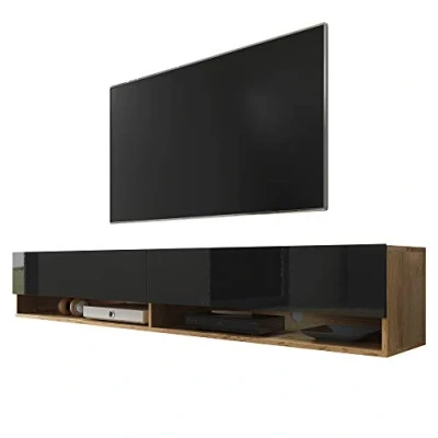 Abbildung von Selsey Wander TV Board/Fernsehschrank für Wohnzimmer hängend/stehend, optional mit LED, 180 cm breit (Holzoptik Wotan Eiche/Schwarz Hochglanz, ohne LED)