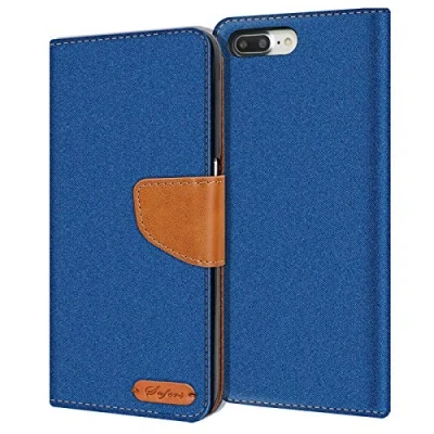 Abbildung von Verco für iPhone 8 Plus Hülle, Schutzhülle Apple 7 Tasche Denim Textil Book Case Flip Klapphülle, Blau