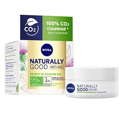 Abbildung von NIVEA NATURALLY GOOD Anti Aging Tagespflege mit Klettenextrakt Pot (1 x 50 ml), Feuchtigkeitscreme für alle Haut, auch empfindliche 24h Gesicht