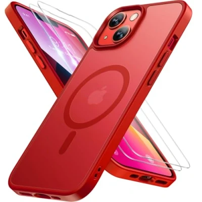 Abbildung von Miracase Magnetisch für iPhone 14 Hülle Kompatibel Mit MagSafe[mit 2 Schutzglas] Militärnorm Schutz Anti Fingerabdruck Schlanke Ausführung Handyhülle 6,1 Zoll, Rot