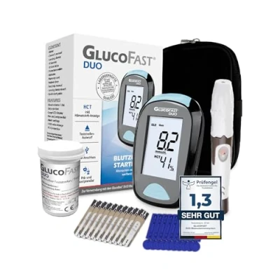 Abbildung von GLUCOFAST Blutzuckermessgerät DUO Maßeinheit in MMOL, Starterset, Ink. 10 Teststreifen, Lanzetten und Lanzettiergerät, Blutzucker Hämatokritwert mit einer Messung bestimmen