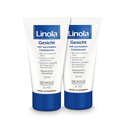 Abbildung von Linola Gesicht 2 x 50 ml Gesichtscreme bei trockener, empfindlicher und zu Neurodermitis neigender Haut Medizinische Gesichtspflege ohne Mikroplastik