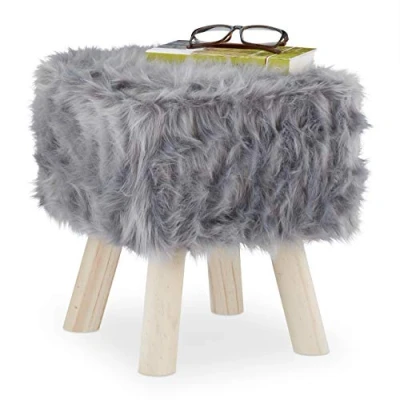 Abbildung von Relaxdays Fellhocker Kunstfell, Dekohocker mit Holzbeinen, Sitz &amp; Fußhocker, Schminktisch, HBT: 37 x 32 cm, grau