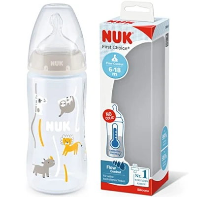 Abbildung von NUK First Choice+ Babyflasche 618 Monate Temperature Control Flow Anti Colic Ventil 300 ml BPA frei Trinksauger aus Silikon Safari (neutral)