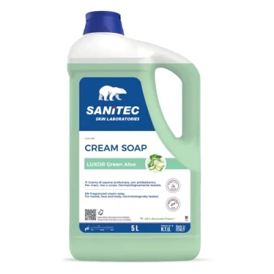 Abbildung von Sanitec, Luxor Green Aloe, feuchtigkeitsspendende und antibakterielle Duftseife, reinigt die Hände frisch sauber, pH Wert 5,5, dermatologisch getestet, 5 l, 5000 ml
