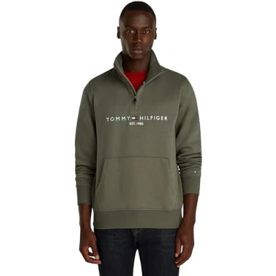 Abbildung von Tommy Hilfiger Herren Sweatshirt mit Reißverschluss Logo Mockneck Bauchtasche, Grün (Battle Green), 3XL