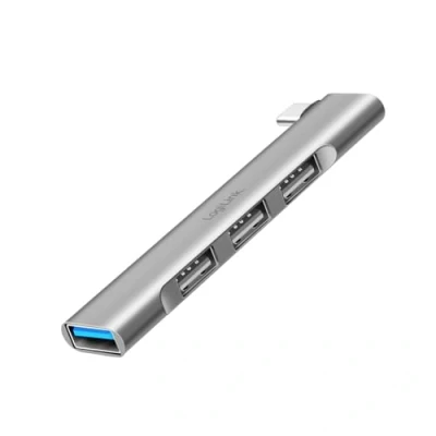 Abbildung von LogiLink UA0437 Ultraslim 4 Port USB Hub (Anschluss C) aus Aluminium mit bis zu 18W, Ports: 1x 3.0 Typ A, 3X 2.0 A