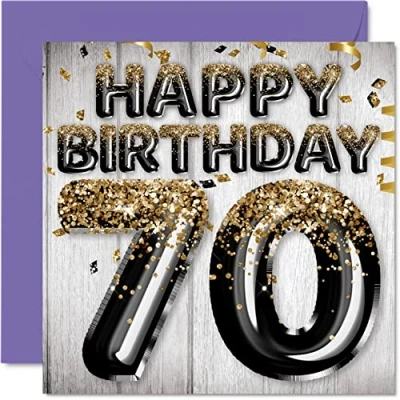 Abbildung von Geburtstagskarte zum 70. Geburtstag für Männer schwarze und goldene Glitzerballons Happy Karten 70 Jahre alten Mann Papa Großvater Opa Oma, 145 mm x Geburtstagskarten Geschenk