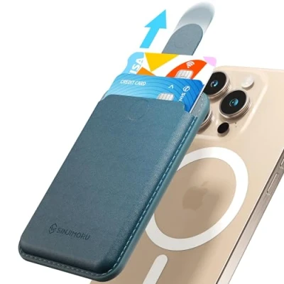 Abbildung von Sinjimoru Vegan PU Leder iPhone Wallet kompatibel mit MagSafe Wallet, Magnetischer Kartenhalter Handy Ziehlasche für Handyhülle 16 15 14 13 12 Reihe. M Pull Tab Marine Blue
