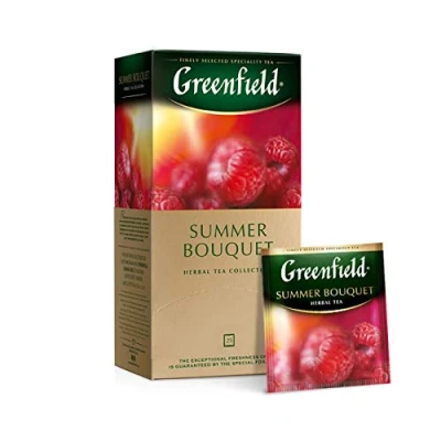 Abbildung von Greenfield Summer Bouquet, Fruchtgetränk, Himbeeren, Hibiskus, Hagebutten, Apfel, Koffeinfrei, 25 Beutel mit zwei Beuteln Etiketten in Folienbeutel (25 x 2 g), 50g