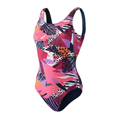Abbildung von Speedo Damen Allover U Back Badeanzug, Marineblau/Rosa, 28