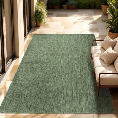 Abbildung von Paco Home Outdoor Teppich Wetterfest Wohnzimmer Balkon Küchenteppich Flachgewebe Sisaloptik Meliert Einfarbig, Grösse:150 cm Quadrat, Farbe:Grün