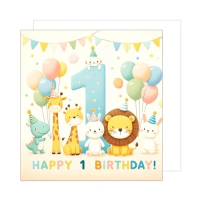 Abbildung von Edition Seidel Premium quadratische Glückwunschkarte zum 1. Geburtstag mit Umschlag. Geburtstagskarte Spruch Happy Birthday Billet Karte für Mädchen Junge Kind Tiere (GQ258 SW024)