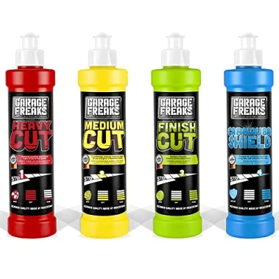 Abbildung von Garage Freaks Auto Politur Komplett Set: Heavy Cut Schleifpolitur 250ml + Medium Hologrammentferner Finish Hochglanzpolitur Protection Carnauba Shield Wachsversiegelung