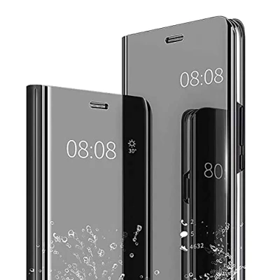 Abbildung von WOBURN Hülle für Samsung Galaxy A34 5G, Spiegel Clear View Flip Handyhülle, PU/PC Lederhülle Schutzhülle Mirror Make Up Case Cover mit Klappbarer Stände. Schwarz