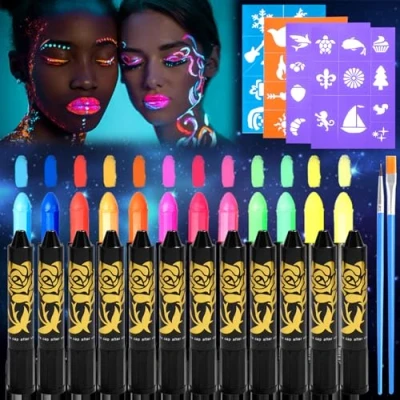 Abbildung von UZSUZZ UV Bodypainting, 12 Farben Neon Kinderschminke Set mit 2 Pinsel, 4 Aufkleber, Waschbar Face Paint Schminkset, Körperfarbe Kinder Buntstifte für Halloween Karneval Make up Fasching