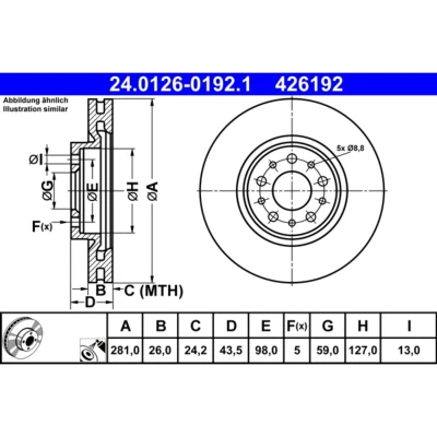 Abbildung von ATE 24.0126 0192.1 Bremsscheibe 281,0 26,0 5 98,0 Belüftet beschichtet FIAT: Tipo Kombi, Schrägheck, Limousine